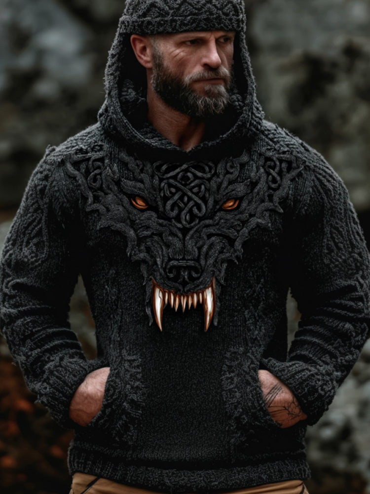 Men's Vintage Viking Wolf Embroidered Hooded Sweater artswardrobe