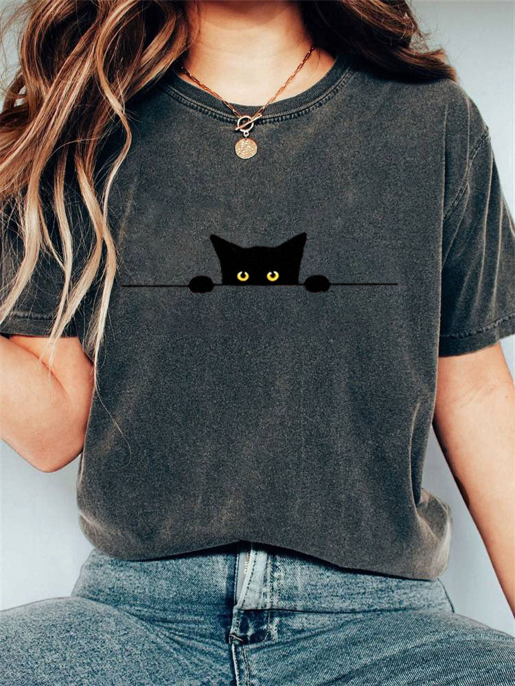 Comstylish Women's Casual Funny Black Cat Print T-shirt