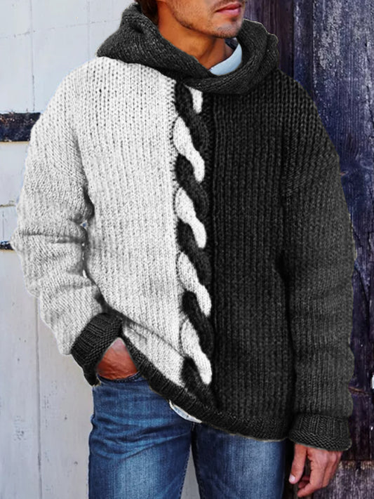 Men's Retro Cable Knit Contrast Color Hooded Sweater elevenforest