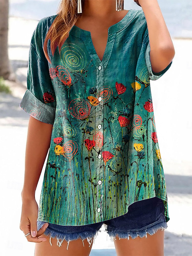 Women's Floral Pattern Art Print Casual Cotton Linen Short Sleeve Shir