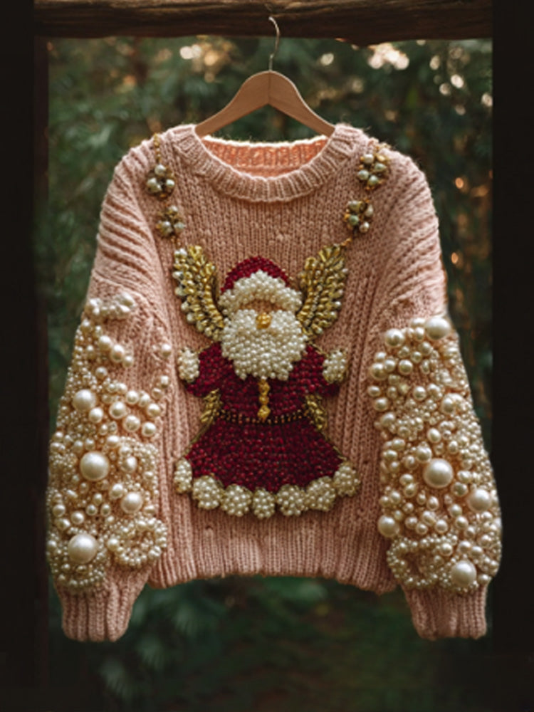 Santa Claus Embroidered Pearl Crew Neck Sweater artswardrobe