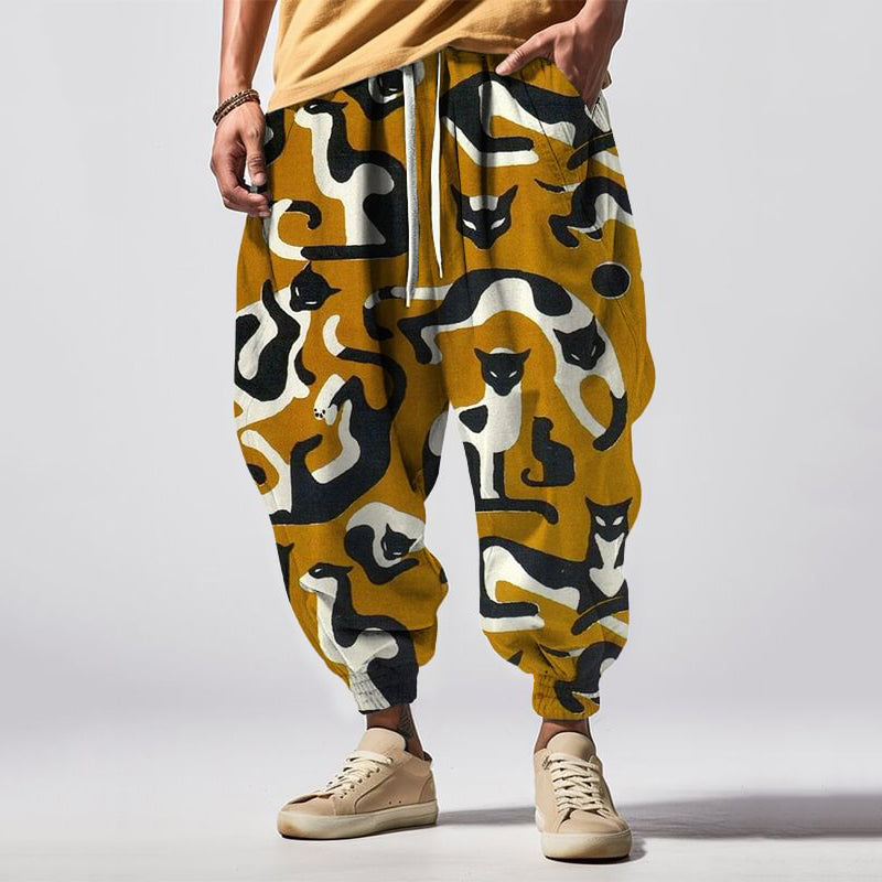 Japanese Art Cat Print Drawstring Waist Sweatpants elevenforest