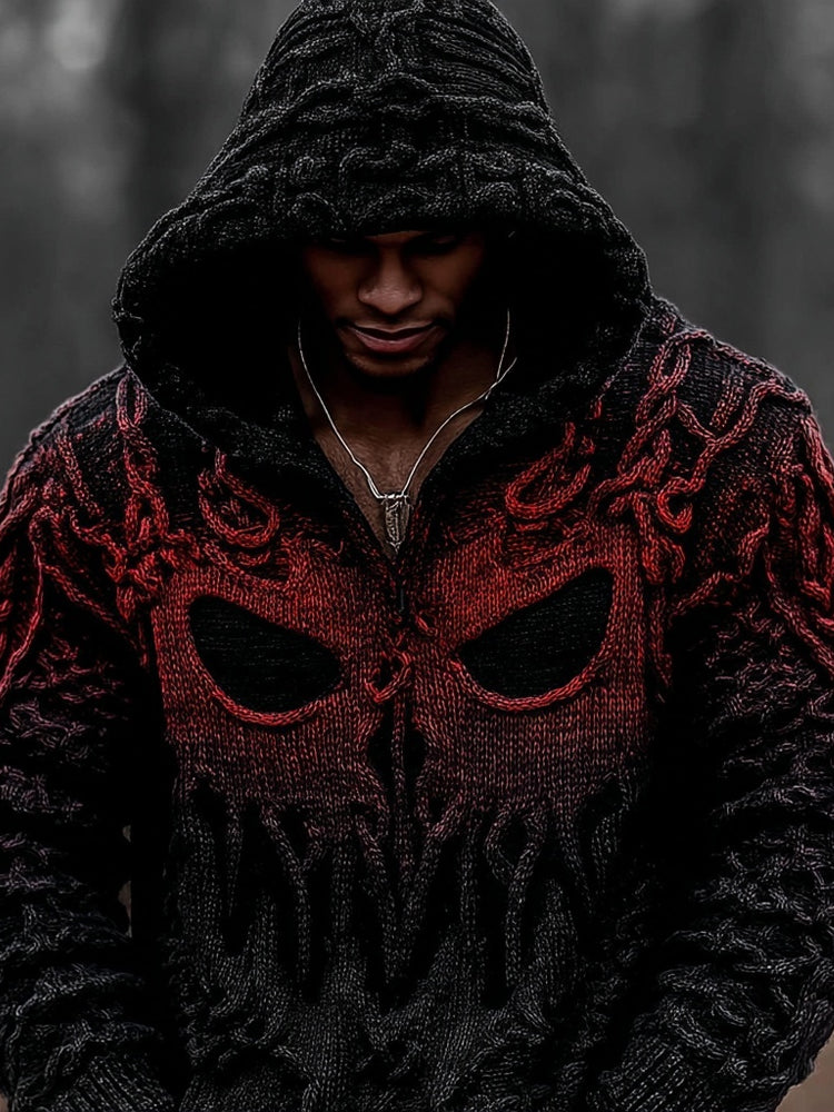 Men's Vintage Spooky Face Gradient Chunky Hooded Sweater elevenforest