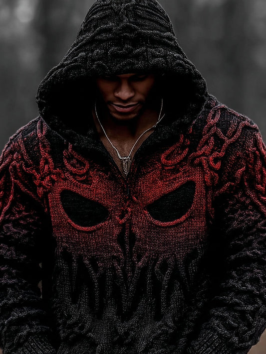 Men's Vintage Spooky Face Gradient Chunky Hooded Sweater elevenforest