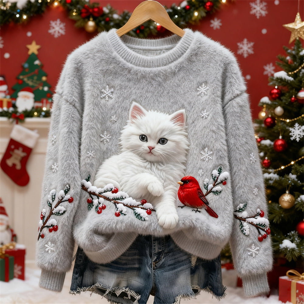 Comstylish Christmas Cat & Bird Art Women's Flannel Sweater
