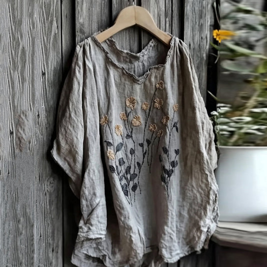 Vintage Floral Embroidered Short Sleeve Comfy Shirt artswardrobe