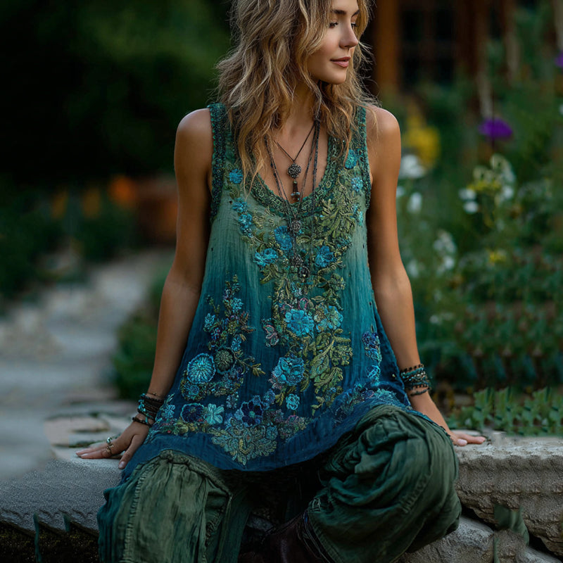 Vintage Classy Gradient Blue Rose And Floral Embroidered Pattern Linen Tank Top artswardrobe