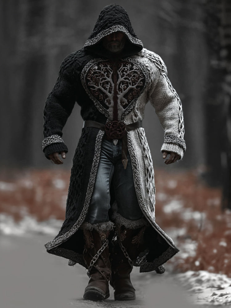 Men's Viking Style Metal Tree Of Life Celtic Knot Hooded Cardigan Long Sweater artswardrobe