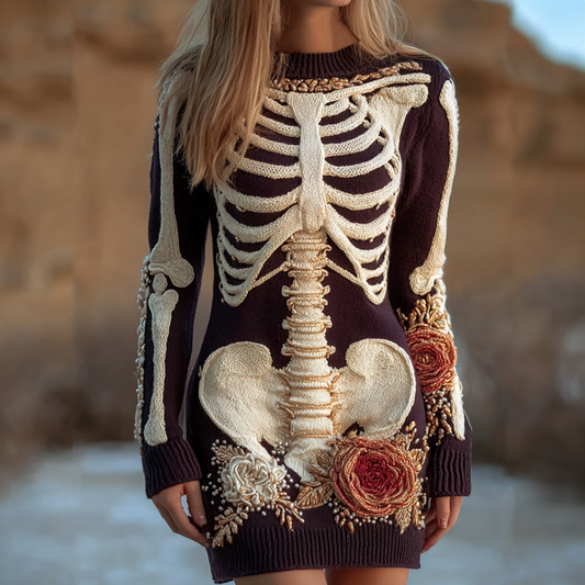 Halloween Human Anatomy Pattern And Flower Pattern Combined Design Women's Round Neck Knit Sweater Dress artswardrobe