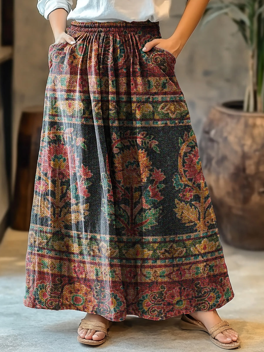 Women's Ethnic Floral Collage Art Pattern Print Cotton Pocket Skirt
