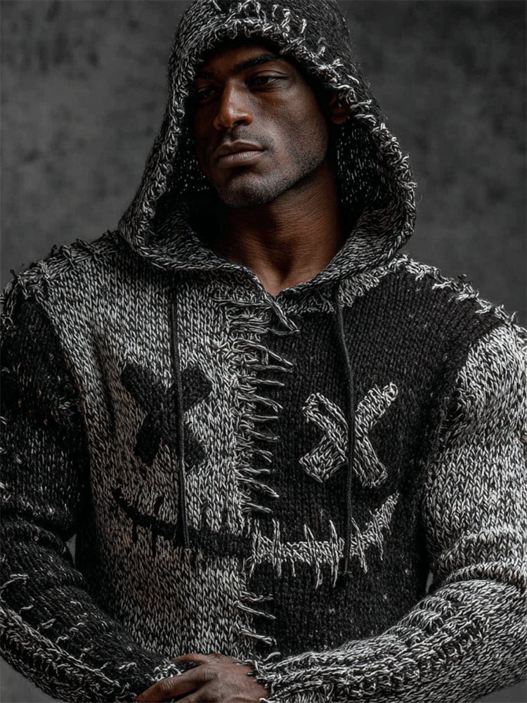 Men's Halloween Spooky Face Contrast Stitched Hooded Knit Sweater artswardrobe