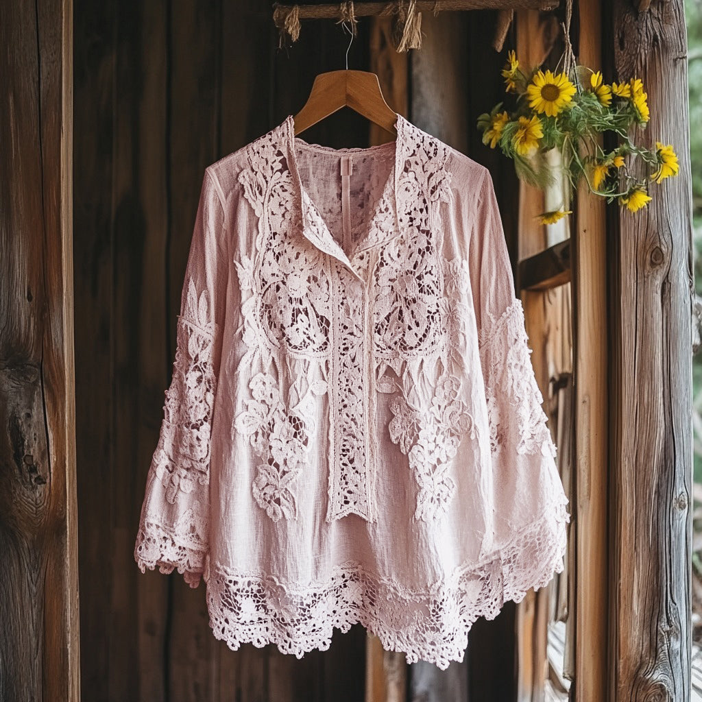 Comstylish Women's Retro Floral Lace Embroidery Art V-neck Shirt