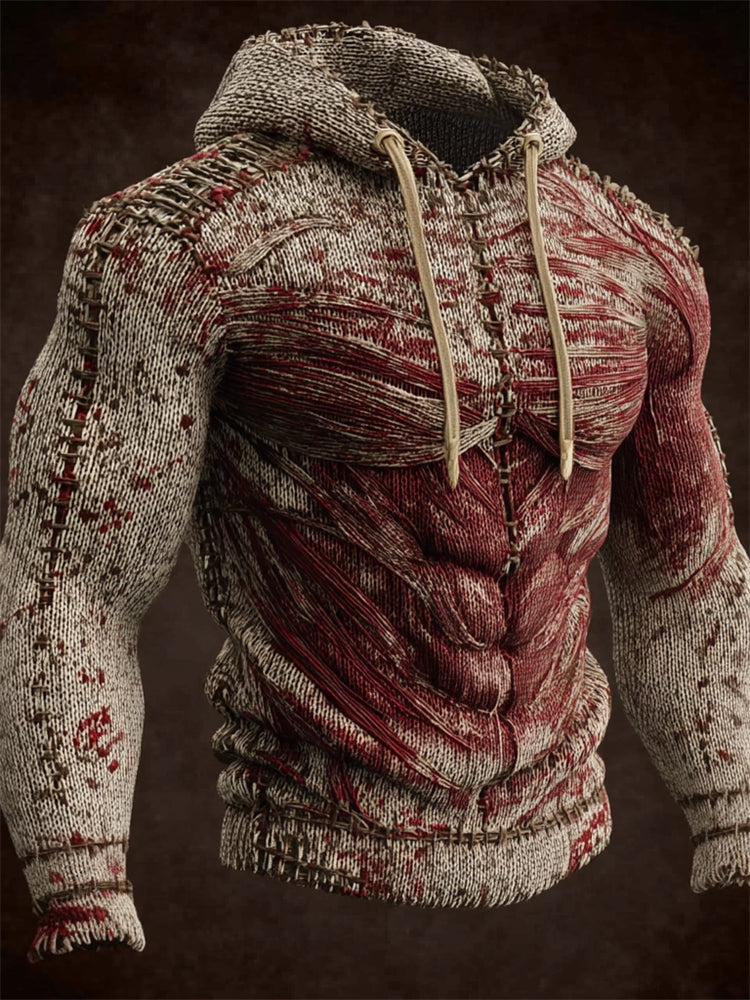 Men's Bloody Stitched Muscle Anatomy Cozy Knit Hooded Sweater artswardrobe