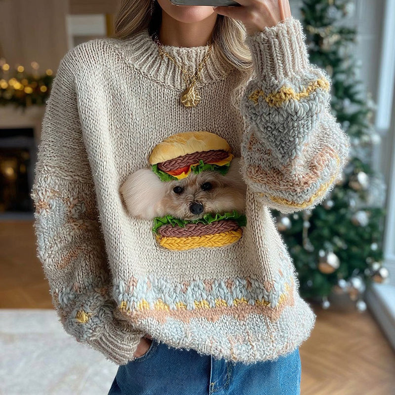 Vintage Funny Hamburger Puppy Cozy Knit Sweater artswardrobe