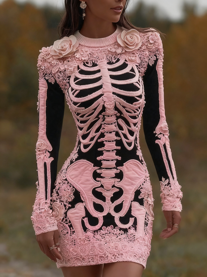Women's Vintage Halloween Skeleton Bones With Rose Art Cozy Knit Mini Sweater Dress artswardrobe