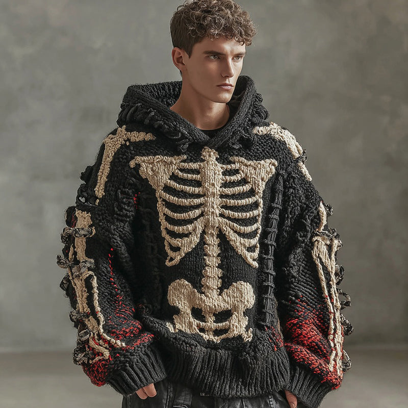 Halloween Skeleton Human Anatomy Inspired Gradient Jacquard Knit Hooded Sweater artswardrobe