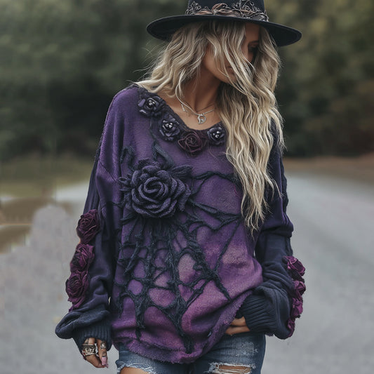 Vintage Halloween Black And Purple Rose Art Cozy Knit Sweater elevenforest