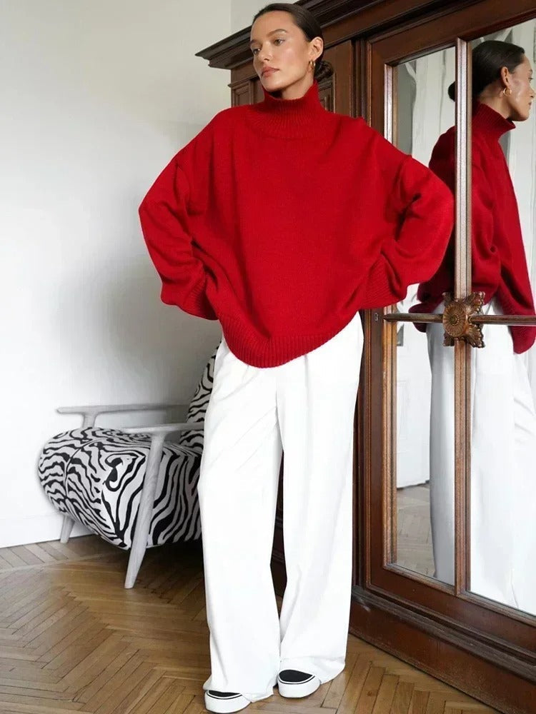 Maglione dolcevita oversize in cotone con spalle cadenti, colore marrone cioccolato