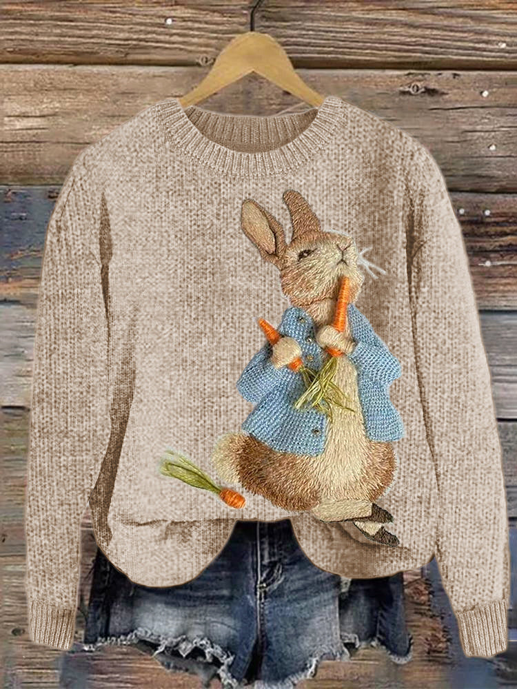 Cute Bunny Embroidery Art Cozy Knit Sweater artswardrobe