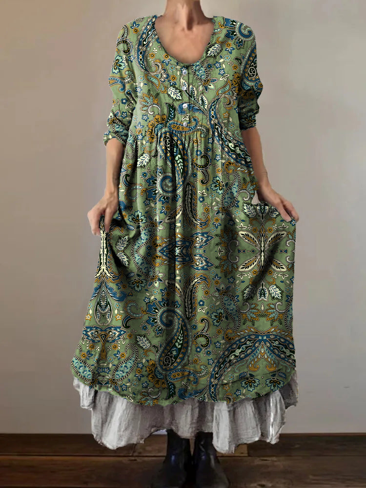 Women's Vintage Paisley Floral Art Print V-Neck Button Pocket Cotton D