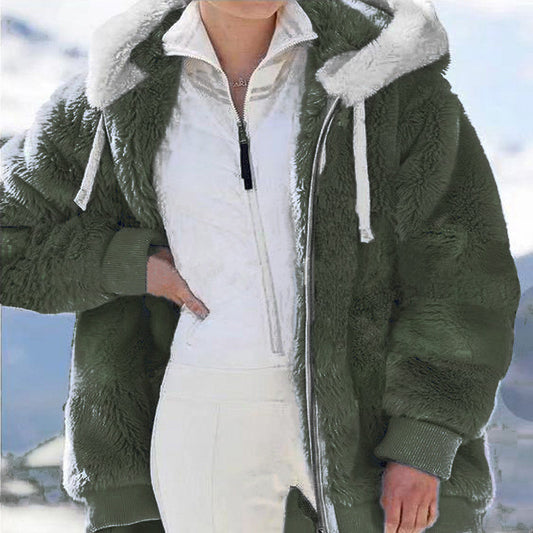 New  Long Plush  Solid Color Hooded Coat