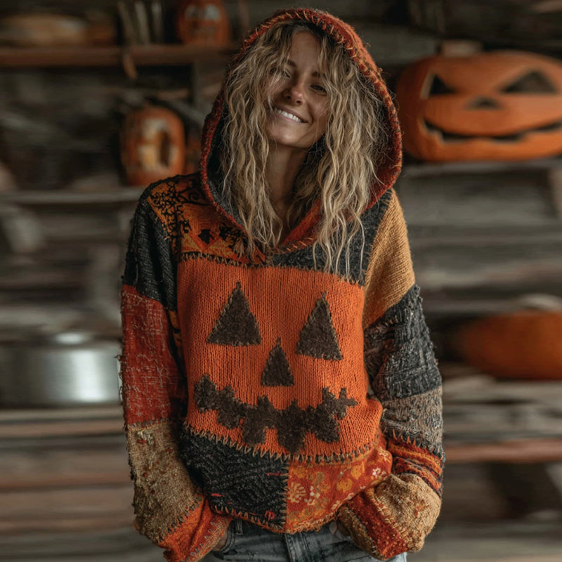 Halloween Pumpkin Face Patchwork Stitched Cozy Knit Hooded artswardrobe