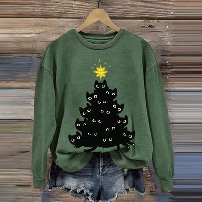Christmas Tree Cat Print Crew Neck Sweatshirt elevenforest
