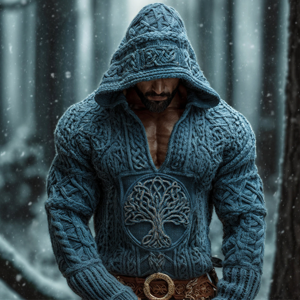 Viking Tree Of Life Men's Chunky Knit Hooded Sweater elevenforest
