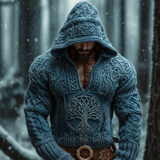 Viking Tree Of Life Men's Chunky Knit Hooded Sweater elevenforest