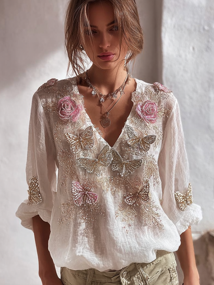 Comstylish Bohemian Style V-neck Butterfly And Flower Embroidery Cotton And Linen Short Sleeve