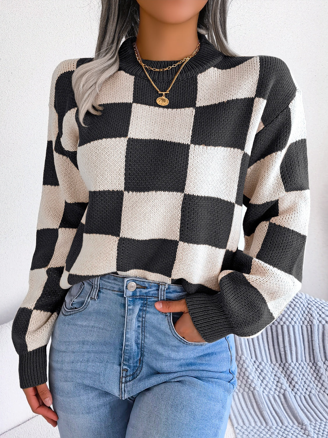 Elsa® | Checked long-sleeved sweater with stand-up collar