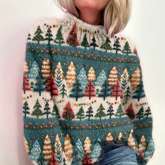Retro Christmas Tree Jacquard Knitting Turtleneck Sweater elevenforest