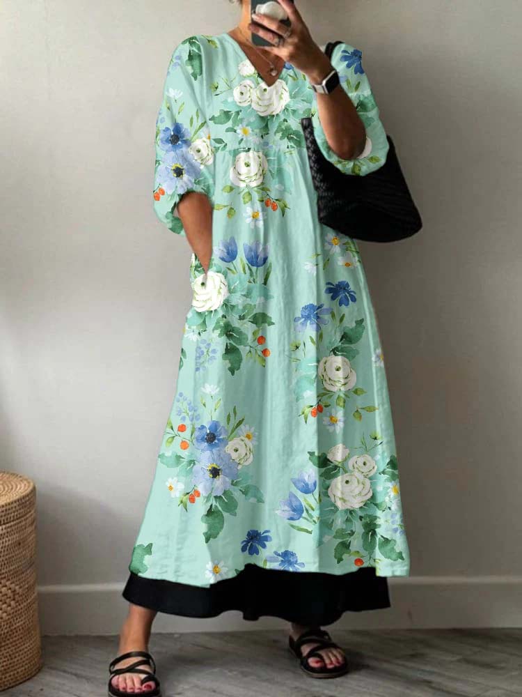 Women's Artistic Rose Holiday Floral Pattern Cotton Dress