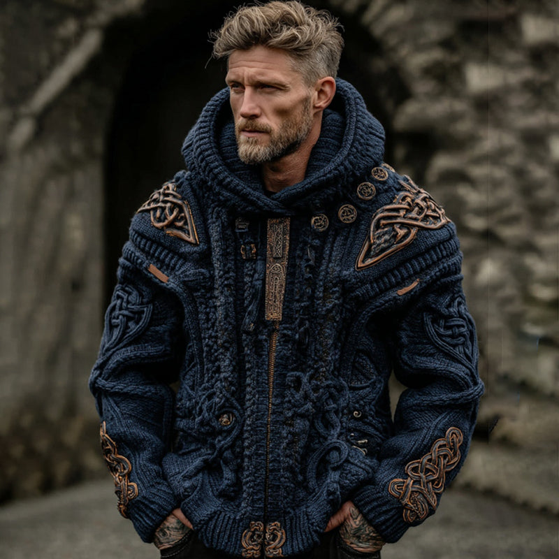Men's Vintage Viking Art Jacquard Knitted Cozy Hooded Sweater artswardrobe