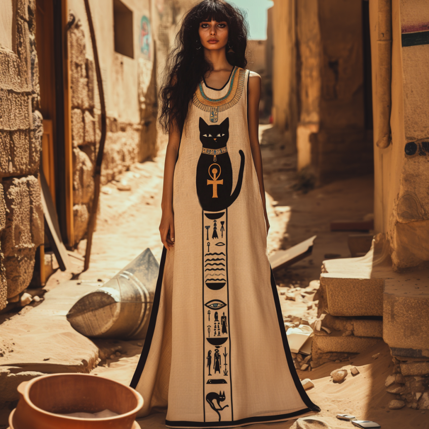 Ankh Ancient Egyptian And Bastet Cat Embroidered Contrast Linen Maxi Dress