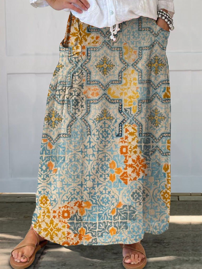 Women's National Totem Art Print Linen Pocket Skirt