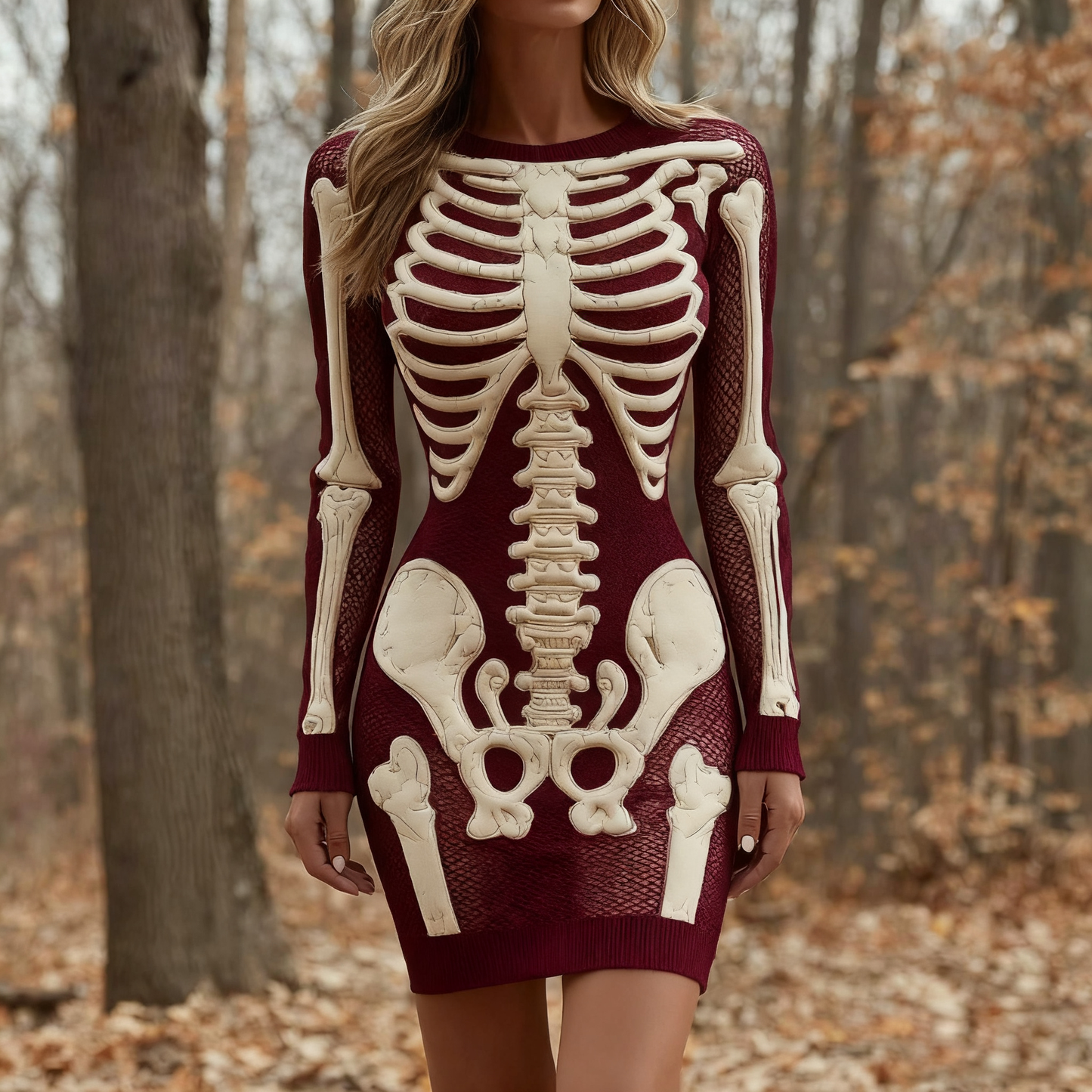 Women's Vintage Halloween Skeleton Bones Comfortable Elegant Sweater Dress artswardrobe