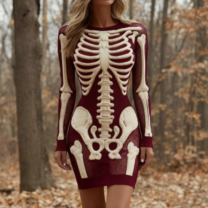 Women's Vintage Halloween Skeleton Bones Comfortable Elegant Sweater Dress artswardrobe