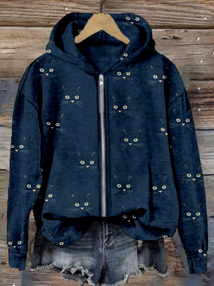 Cute Cat Face Pattern Zip Up Comfy Hoodie elevenforest