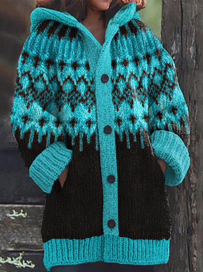 Retro Ethnic Geometric Pattern Contrast Sweater Cardigan elevenforest