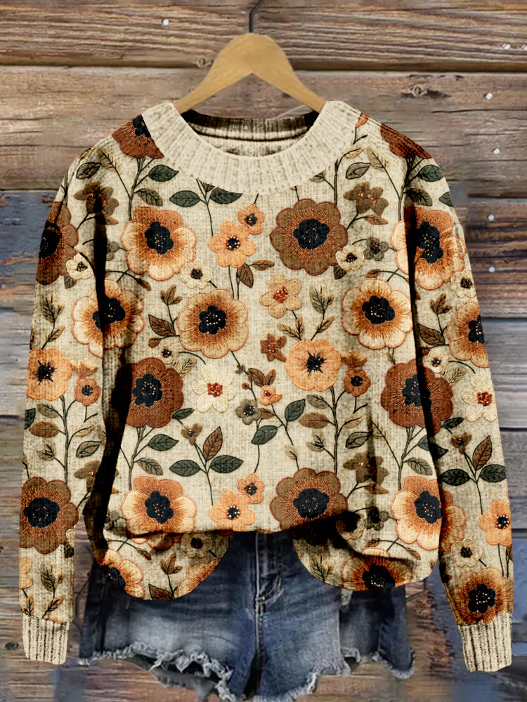 Fall Floral Embroidery Art Crew Neck Cozy Sweater artswardrobe