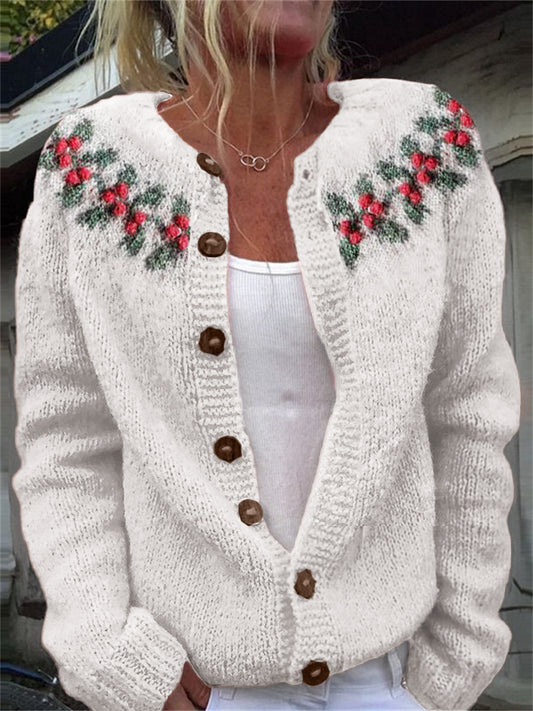 Christmas Ardisia Crenata Yoke Jacquard Cozy Knit Cardigan elevenforest