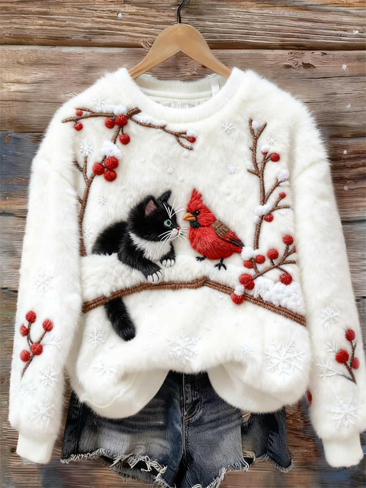 Lovely Cat & Cardinal Berry Branch Snowflakes Cozy Plush Sweatshirt artswardrobe