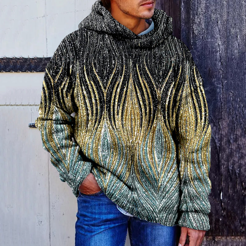 Men's Retro Vintage Optical Illusion Silver Gold Gradient Art Cozy Hooded Sweater elevenforest