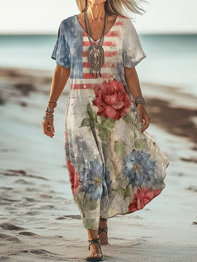 Women's Vintage Floral Flag Print V Neck Short Sleeve Cotton Pocket Dr