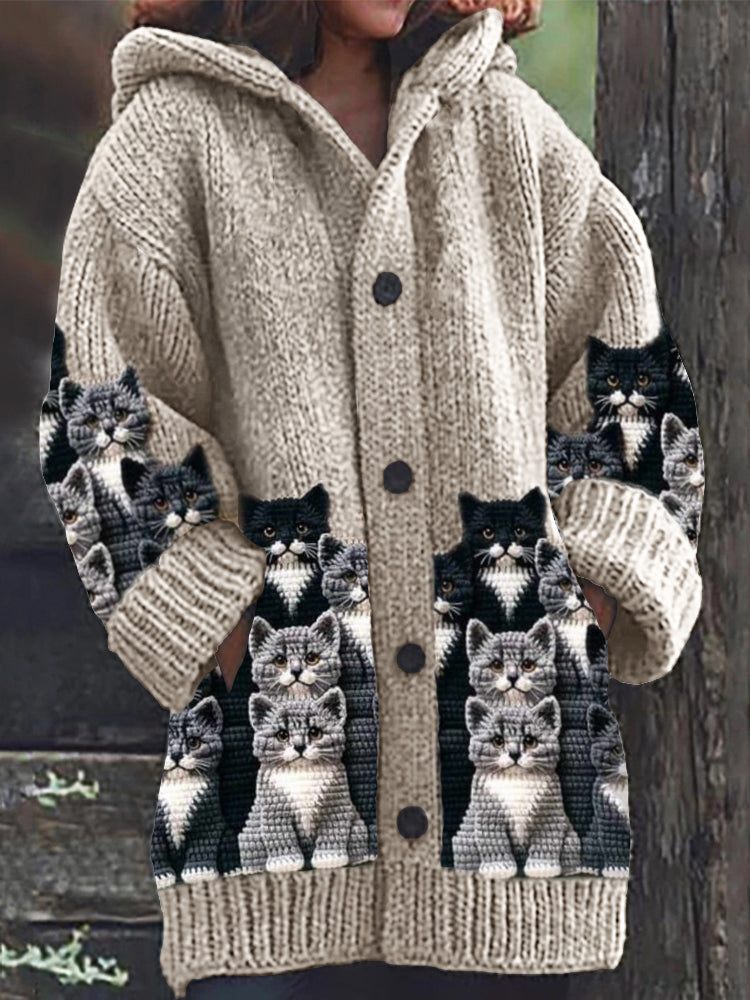 Comstylish Crowded Cats Crochet Art Cozy Knit Hooded Cardigan