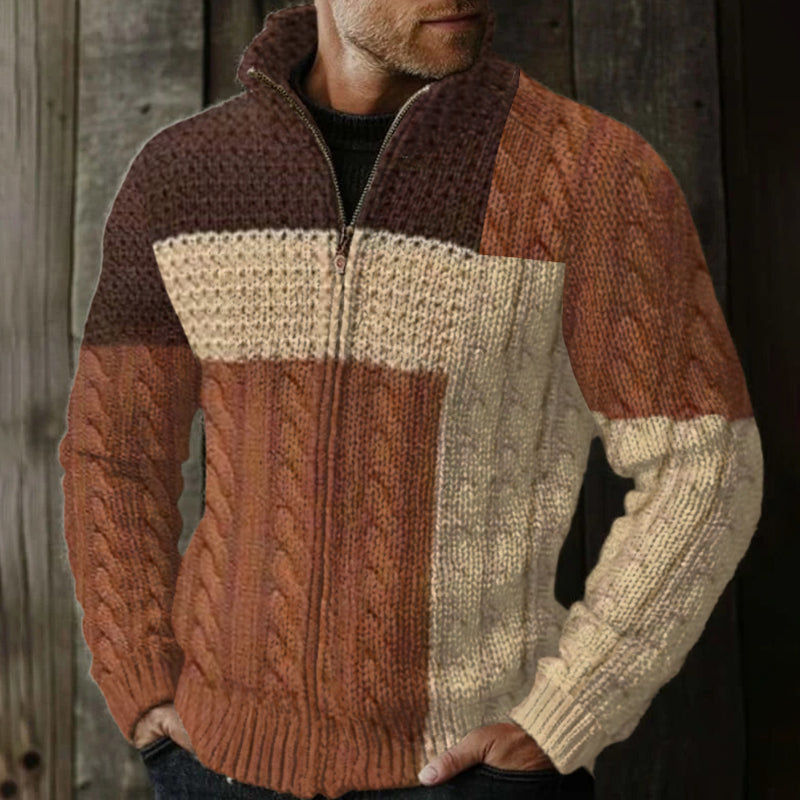 Men's Vintage Fairman Island Patchwork Pattern Zip Sweater artswardrobe
