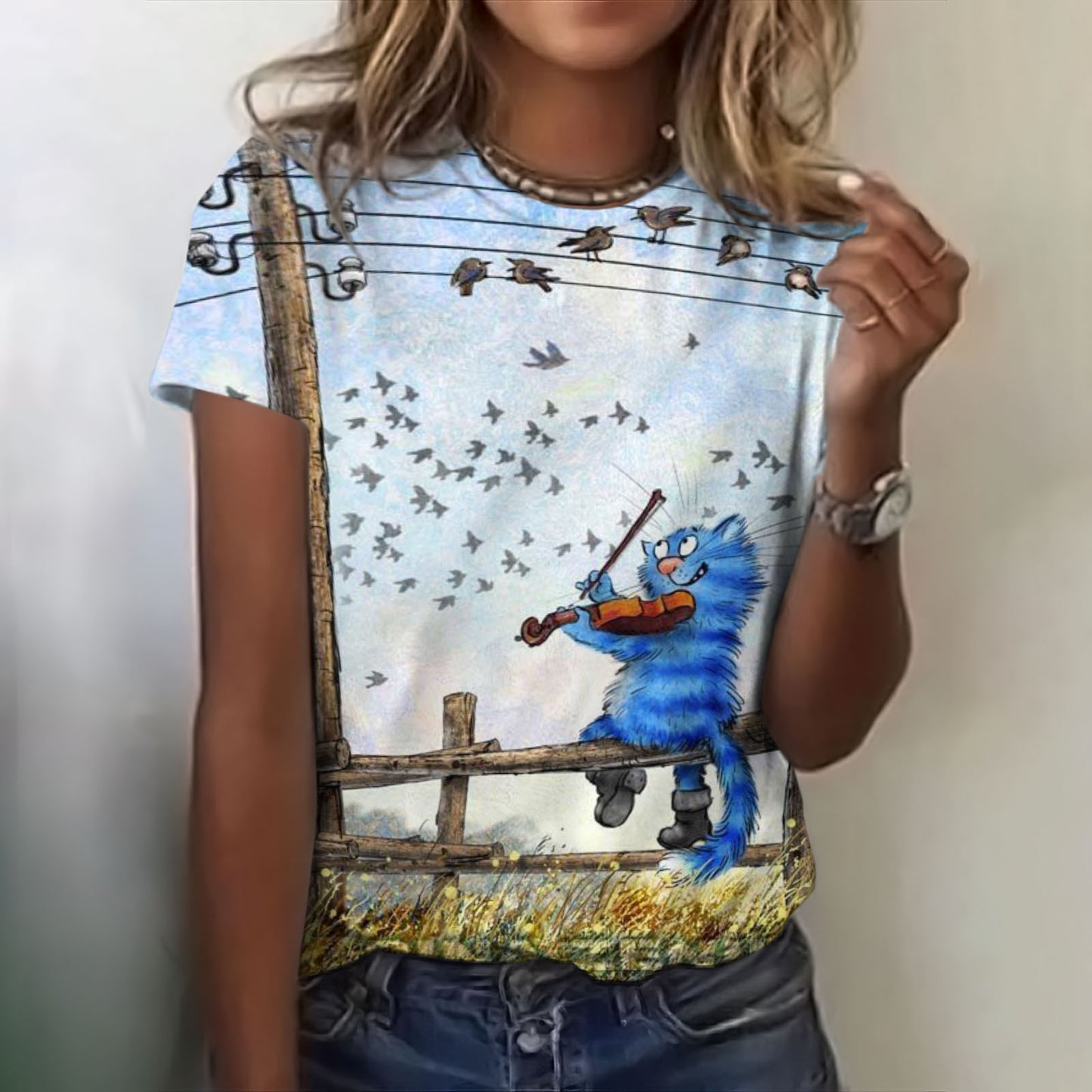 Comstylish Vintage Guitar Cat Poster Print Women'S T-Shirt