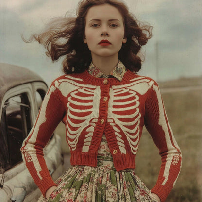 Women's Vintage Skull Ribs Pattern Cozy Knit Sweater Cardigan artswardrobe