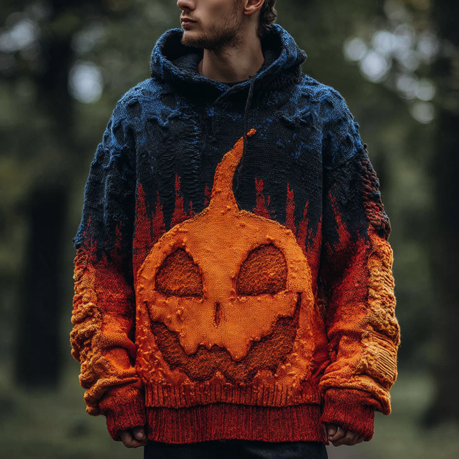 Halloween Pumpkin Element Gradient Color Men's Hooded Knit Sweater artswardrobe